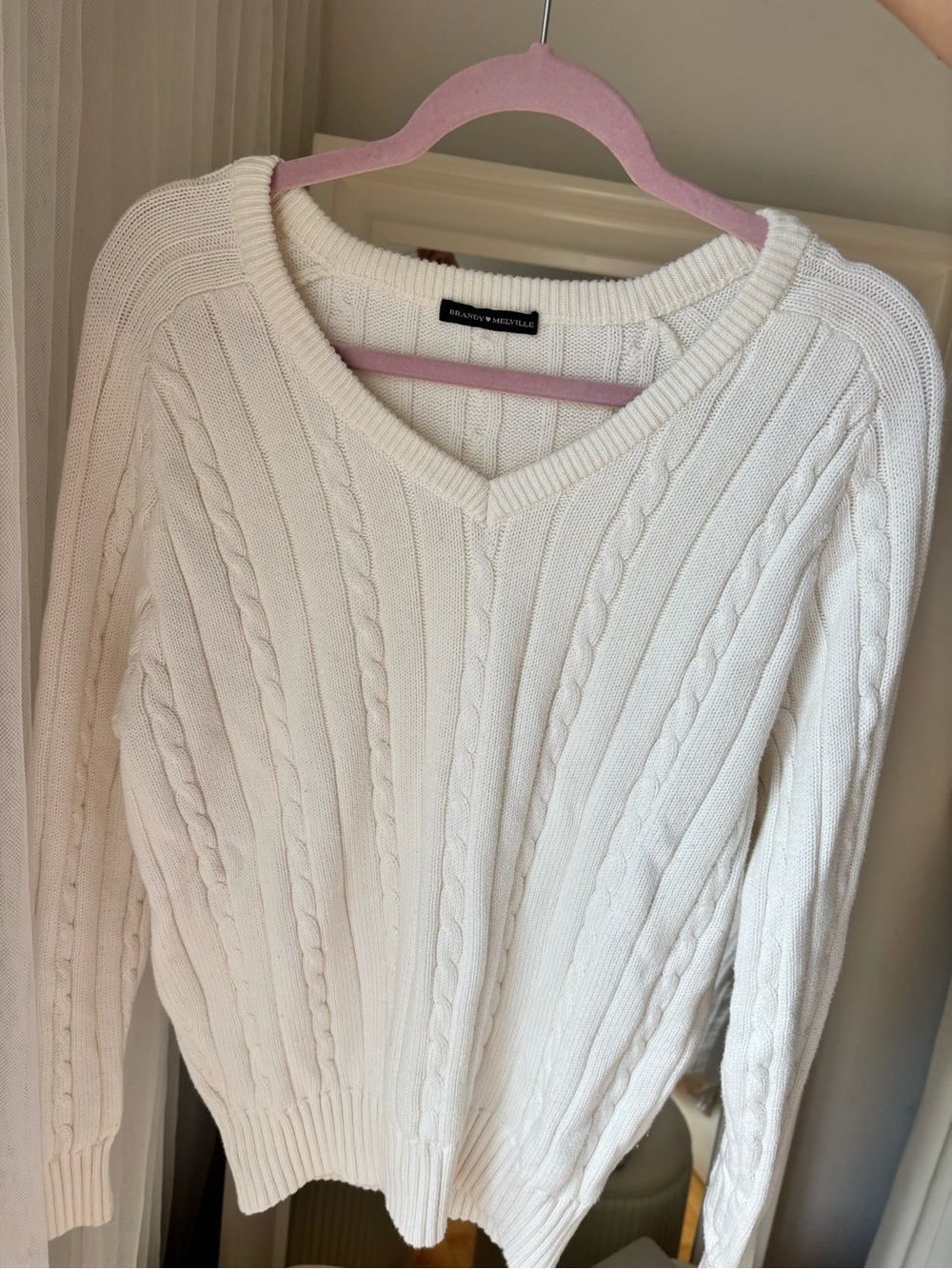 Brandy Melville Cream Cable-Knit V-Neck Sweater